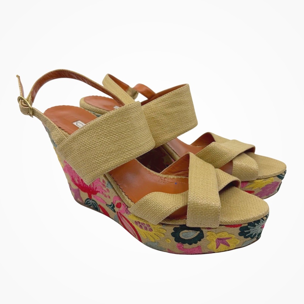 Oscar Dela Renta Embroidered Wedge Platform Sandals Tan Floral Espadrille